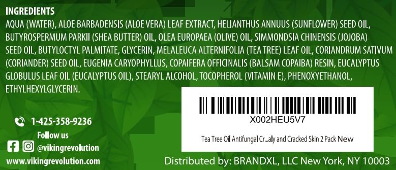 Viking Revolution Tea Tree Oil Cream - Super Balm Athletes Foot Cream - for Eczema, Jock Itch, Ringworm, Nail Treatment - Soothing Skin Moisturizer for Itchy, Scaly, Cracked Skin, 2 Ounce (Pack of 2)