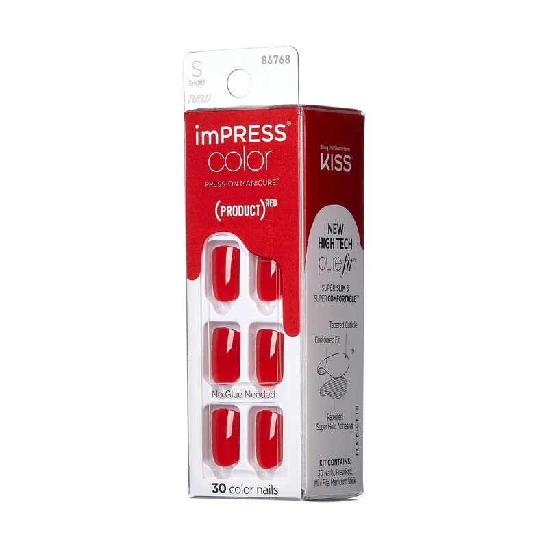 KISS (Product) Red imPRESS Color Press-On Manicure, 'Red Impact', Solid Red Press-On Nails, Short Length & Square Shape, Prep Pad, Mini Nail File, Manicure Stick, & 30 Fake Nails
