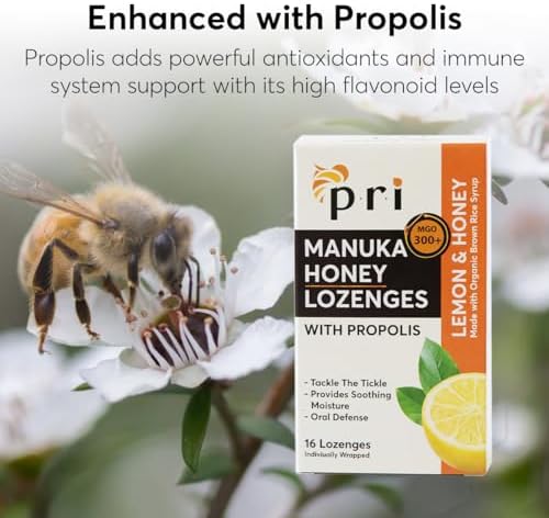 P.R.I Manuka Honey Lozenges with Propolis, Soothing Cough and Throat Drops, MGO 300+ Certified, (Lemon, 16 Count/2 Pack)