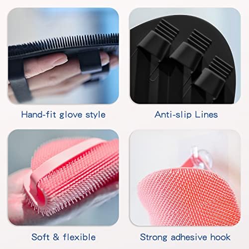 Manmihealth 3 PCS Soft Silicone Shower Brush, Super-Lathering and Deep-Cleaning Silicone Body & Face Scrubber, Gentle Exfoliating Bath Glove for All Skin Types with Free Hooks (Black +Gray+ Pink)