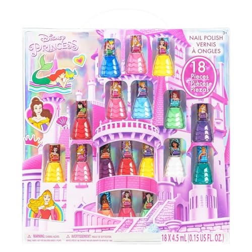 Townley Girl Disney Princess Castlebox Non-Toxic Peel-Off Water-Based Natural Safe Quick Dry Nail Polish | Gift Kit Set for Kids Girls, First Princess | Opaque Colors, Ages 3+ (18 Pcs)