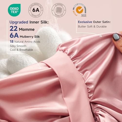 Umisleep 22 Momme Mulberry Silk Bonnet for Sleeping Women, Untangled Hair Care Bonnet, Extra Long for Curls & Braids - Lays Flat for Styling, Double Layer Hair Wrap with Soft Adjustable Tie, Pink
