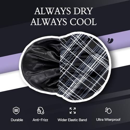 Years calm Shower Cap for Men Waterproof Reusable - Fashion Dual-Layer Design, Adjustable Elastic Band for Long & Curly Hair, XL Bath & Spa Cap for Travel, Satin Lined Shower Cap Black