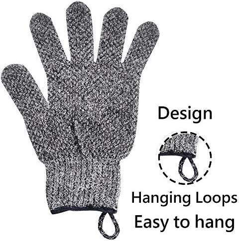 Exfoliating Gloves with Hanging Loop - 1 Pair Bamboo Charcoal Bath/Shower Gloves, Bath Gloves for Shower Exfoliating and Ingrown Hair/Dead Skin Remover - Bamboo Charcoal - Exfoliator Mitt Scrub Gloves