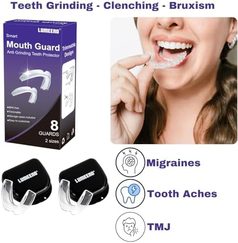 Mouth Guard for Grinding Teeth at Night Guards for Teeth Grinding 8-Pack (2 Sizes) and 2 Travel Cases Trimmable Design Hot Water Fit Mouthguard for Tooth Protection