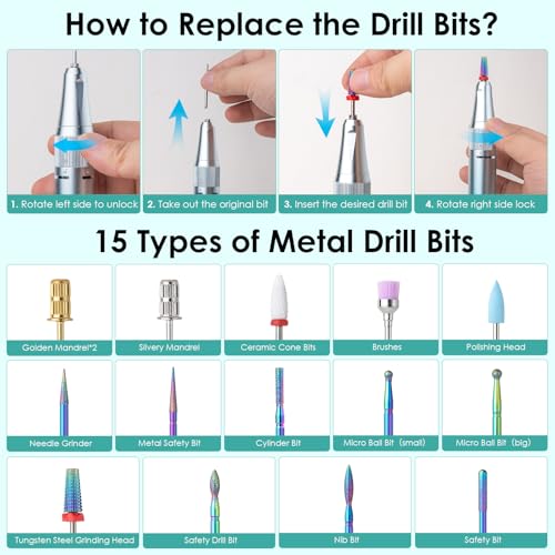 Electric Nail Drill, 40000RPM Professional E-Filer Rechargeable with 15 Drill Bits, Portable Nail File Electric Nail Filer for Acrylic Nails Gel Polishing Removing for Salon Home (Blue)