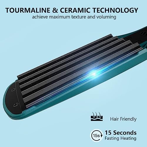 Ceramic Hair Crimper Iron 39mm for Volumizing Fluffy Hairstyle, Corrugation Crimper Hair Iron, Anti Static Ceramic Hair Crimping Iron Adjust Temperature (Turquoise)
