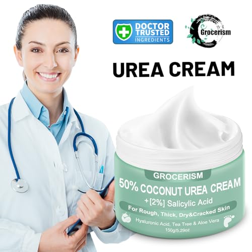 Urea Cream 50 Percent for Feet Maximum Strength 5.29 oz with Coconut and 2% Salicylic Acid, Foot & Hand Cream included Hyaluronic Acid, Tea Tree and Aloe Vera for Deep Moisturizing, Callus Removing