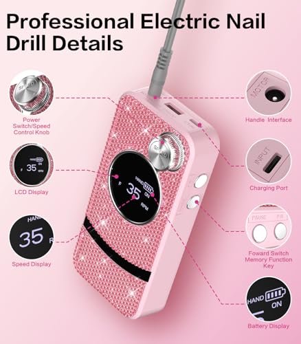 Professional Electric Cordless Nail Drill File with 11 Nail Drill Bits, 35000RPM DIY Glitter e Filer for Nails Kit Machine for Acrylic Nails Gel Polishing for Manicure Salon Home