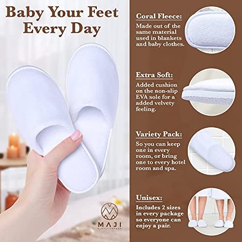 Spa Slippers, Disposable Slippers for Guests Bulk of 6 Pairs - Non-Slip Closed-Toe Premium White Spa Slippers Bulk with Travel Bags - Coral Fleece Hotel Slippers for Women and Men (6 Pair Medium)