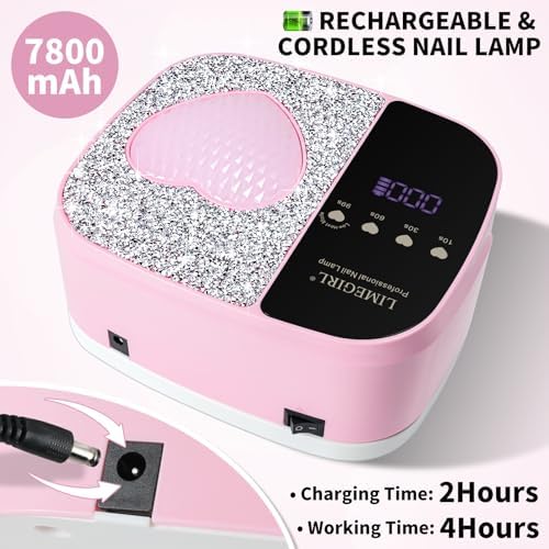 LimeGirl Cordless Nail Dryer for Gel Polish, UV LED Nail Lamp with Fast Curing UV Light & 4 Timer Settings, Portable Rechargeable Gel Lamp Nail Art Tool for Manicure Pedicure at Home & Salon (Pink)