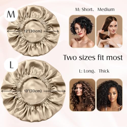 YFONG Double Layered 100% Silk Bonnet for Sleeping Women, 22 Momme Pure Mulberry Silk Sleep Cap with Adjustable Elastic Band Stay On Head，Reduce Frizz, Keep Hairstyle, Soft & Breathable, Champagne, M
