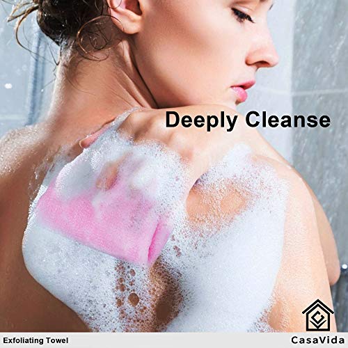 CasaVida Exfoliating Washcloth Back Scrubber for Shower Exfoliating Body Scrubber Japanese Beauty African Net Sponge Bath Korean Loofah Towel Wash Cloth Body Scrub 3 Pack (Navy-Blue x 3)