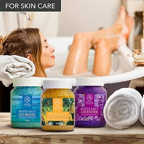 Bath Salts Set 42 Oz - Lavender - Sea Breeze - Ylang-Ylang - 100% Natural Essential Oil - Bathing - Body Care - Beauty - Relaxation - Spa