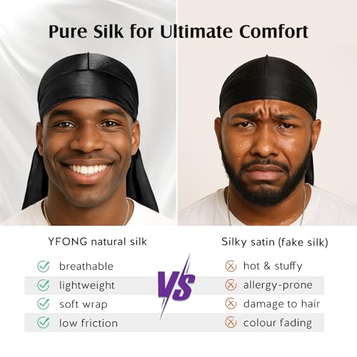 YFONG 100% 22 Momme Mulberry Silk Durags for Men Women, Extra Long Strap Silky Durag, Breathable and Soft Do Rag for 360 Waves, Perfect for Nourishing Your Hair and Fashionable Outfits, 1Pc, Black