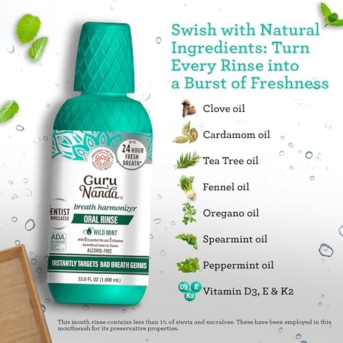 GuruNanda Fresh Breath Mouthwash, ADA-Accepted, Alcohol & Fluoride-Free, Sodium Chlorite, Essential Oils & Vitamins, 12-Hrs Fresh Breath, Wild Mint, 33.8 oz