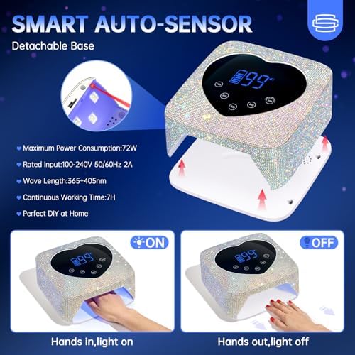 UV LED Nail Lamp 72W Rechargeable Sparkly Wireless Nail Dryer Gel Polish Light with 5 Timer Setting Professional Quick Dry Curing Lamp with Display Auto Sensor for Salon & Home