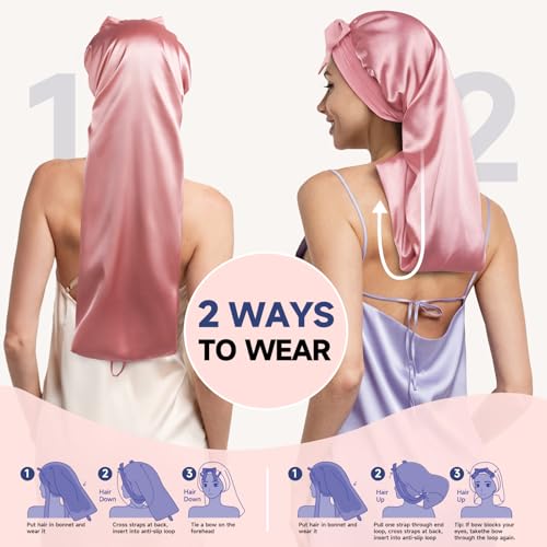 Umisleep 22 Momme Mulberry Silk Bonnet for Sleeping Women, Untangled Hair Care Bonnet, Extra Long for Curls & Braids - Lays Flat for Styling, Double Layer Hair Wrap with Soft Adjustable Tie, Pink