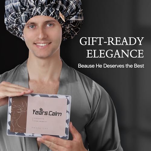 Years calm Shower Cap for Men Waterproof Reusable - Fashion Dual-Layer Design, Adjustable Elastic Band for Long & Curly Hair, XL Bath & Spa Cap for Travel, Satin Lined Shower Cap Black