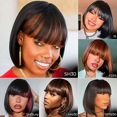 ToyoTress Bob Wig With Bangs - 12 Inch Peek-a-boo Color Short Bob Wig For Black Women Black Mix Brown Daily Costume Wigs, Light Yaki Straight Synthetic Hair Wigs Heat Resistant (12 Inch, SH30-612H)