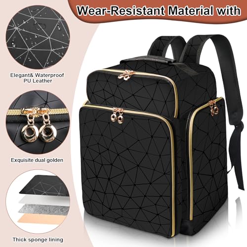 Elegant Black Backpack Organizer, Holds 126 Nail Bottles, Extra Large Nail Kit Supplies Storage with 3 Removable Cases, PU Leather Organizer for Travel