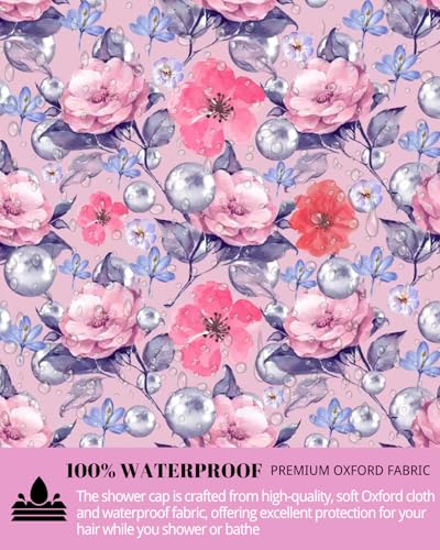 Luxury Shower Cap for Women Reusable Waterproof, Double Layered Shower Caps Bonnet with Adjustable Elastic Strap, Large Satin Lined Shower Bath Cap for All Hair Lengths-Ladies Gift Pink-Flower