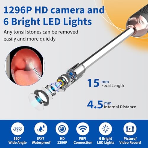 Tonsil Stone Remover with Camera，Tonsil Stone Removal Tool with LED Light，TonsilCleaner for Tonsil Stone Removal，Tonsillolith Removal Tool with 4 Head ，Attachments for iOS & Android