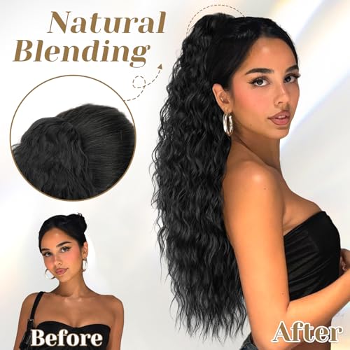 KooKaStyle Ponytail Extension 30 Inch Drawstring Pony Tails Hair Extensions for Women Long Curly Ponytail Synthetic Hairpieces for Daily Use（Black-1B）