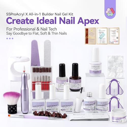 SAVILAND Builder Nail Gel Kit with Nail Drill: Clear Pink Nude White Gel Builder for Nails VE Castor Oil Ultra - Hard Gel with U V Lamp Base Top Coat for Nail Apex Extension Strengthener SSProAcryl X