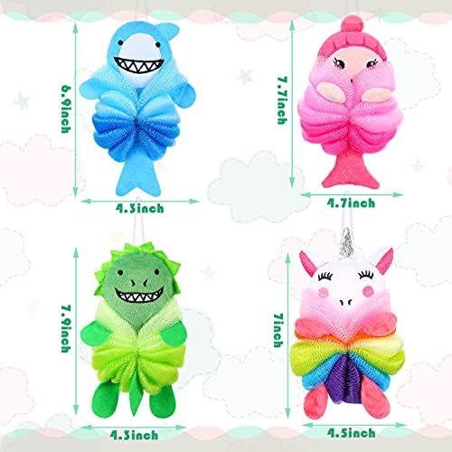 Tatuo 4 Pcs Animal Bath Loofahs Kids Body Loofah Cartoon Shower Cute Bath Sponge Pouf Body Scrubbers Mesh Sponge for Children Shower Baby Washing Exfoliating, 4 Style (Vivid Style)