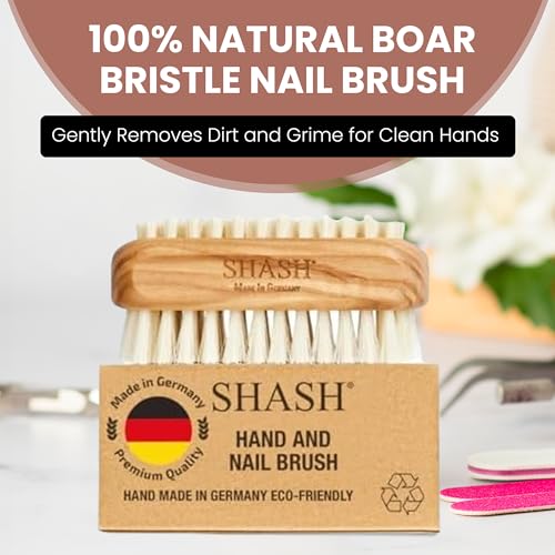 Made in Germany - SHASH + KELLER 100% First Cut Boar Bristle Nail Brush - Gently Removes Dirt and Grime for Clean Hands - Exfoliates Skin for Soft, Smooth Texture, Wood (Olive)