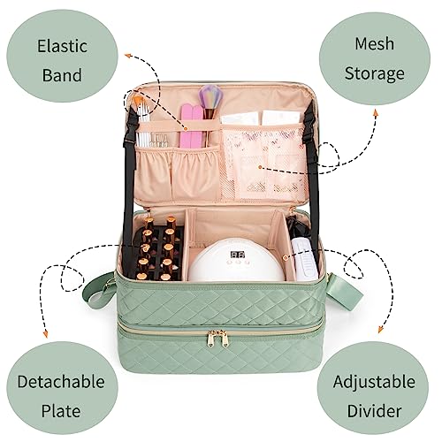 Ethereal Nail Polish Organizer Case Holds 50+ Bottles(15ml/0.5fl.oz) and Nail Lamp, Double Layer Nail Polish Storage Bag for Nail Kit, Manicure Tools, Green
