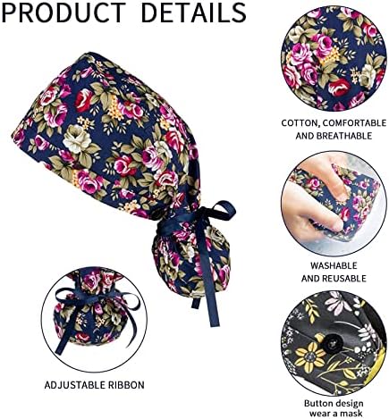 Surgery Cap Bouffant Caps Working Cap with Buttons and Ribbon Tie for Women, Long Hair