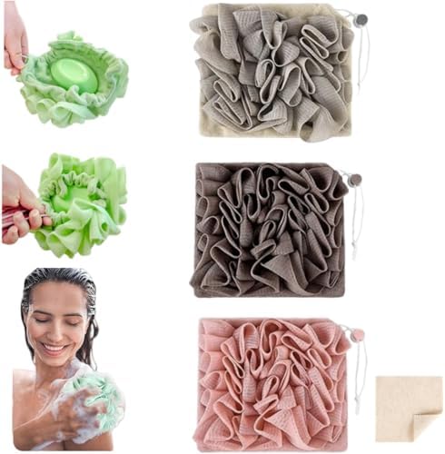 Washcloth Loofah Combo 2-in-1 Loufee Washcloth That Holds Bar Soap-Exfoliation Mesh Shower Ball for Body Wash & Smooth Skin+Free Loofah Dish Towel (Grey+Coffee+Pink)