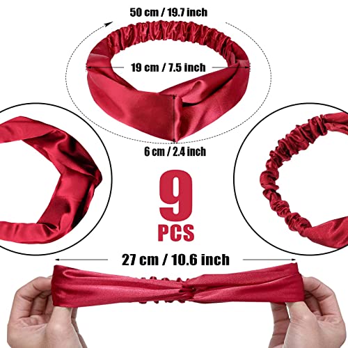 MTLEE 9 Pieces Elastic Hair Wraps and Adjustable Satin Headbands Twisted Turban Band for Face Washing, Women and Girls Hair Accessory, 9 Colors