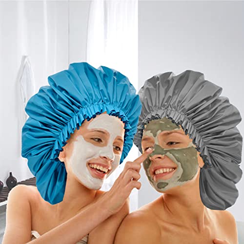 ELEBOX 4 Pack Premium Collection Super Jumbo Shower Cap Extra Large Shower Caps for Braids Shower Bonnets Women Waterproof Hair Caps for Spa Salon Shower Hat (X-Large, Black,Black,Blue,Gray)