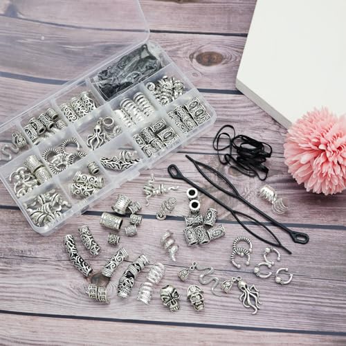 Fscwlmon 207Pcs Viking Hair Jewelry Nordic Runes Tube Beads,Accessories Kit for Braids Dreadlock Beard Locs,Metal Clips Cuff Rings,Braiding Beard Decoration Bracelets Pendant Necklace DIY Silver