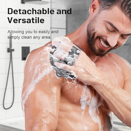 Silicone Back Scrubber for Shower, 2025 Upgrade 16 Inch Detachable Long Handle Body Brush, Loop Bristles Shower Brush for Exfoliating, Deep Cleansing for Men & Massage Can Produce Rich Foam