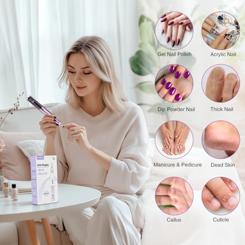 Electric Cordless Nail Drill File: LED Display Professional Portable Nail Drill for Acrylic Gel Dip Powder Nails Manicure Pedicure Kit Tool with Nail Drill Bits Sanding Bands, Purple