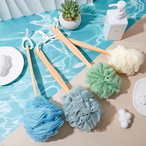 Tessco for you 12 Pcs Large Loofah on a Stick Shower Loofah with Long Handle Back Scrubber for Shower PE Body Bath Sponge Soft Spa Mesh Brush Wash Exfoliating Luffas for Men Women(Dark Color)