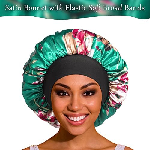 Satin Bonnet Hair Bonnet for Sleeping- 4 Pack Large Silk Bonnets for Women with Elastic Soft Band for Hair Care Braids