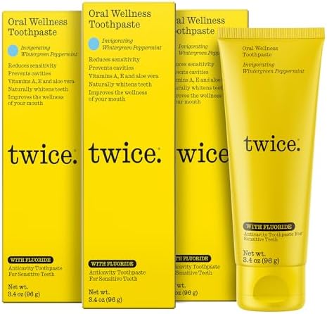 Twice Twice Oral Wellness Toothpaste with Fluoride – Natural Anticavity Toothpaste for Sensitivity Relief, Whitening & Fresh Breath, Wintergreen Peppermint, 3.4oz, 3 Pack