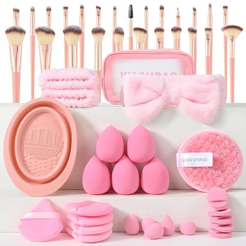 Makeup Brush Set for Foundation Concealer Eyeshadow and Travel, Include Make Up Brush, Sponge, 51PCS Pink