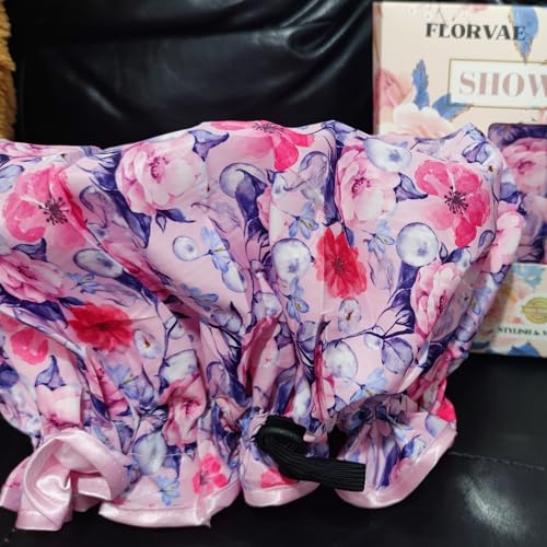 Luxury Shower Cap for Women Reusable Waterproof, Double Layered Shower Caps Bonnet with Adjustable Elastic Strap, Large Satin Lined Shower Bath Cap for All Hair Lengths-Ladies Gift Pink-Flower