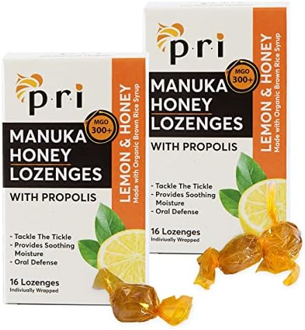 P.R.I Manuka Honey Lozenges with Propolis, Soothing Cough and Throat Drops, MGO 300+ Certified, (Lemon, 16 Count/2 Pack)