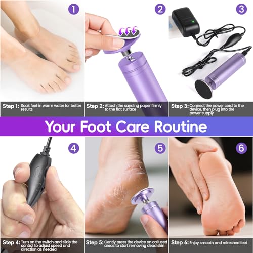 Electric Foot Callus Remover, 4.7” Callus Remover for Feet with 60Pcs Sandpaper Discs, Foot Scrubber, Professional Stepless Speed Control Pedicure Tools for Dead Skin Calluses, Purple