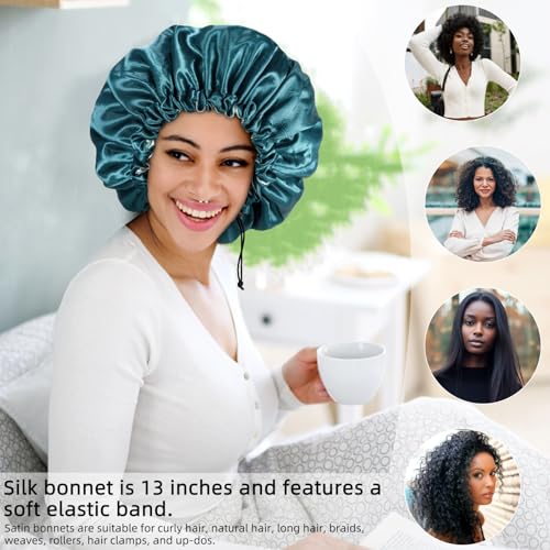 Satin Silk Bonnet for Curly Hair Braid Bonnets for Sleeping for Women Large Double-Layer Adjustable(Black&Blue Zircon)