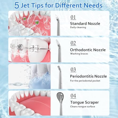 Water Dental Flosser Electric Oral Irrigator 300ML Large Tank 5 Replaceable Jet Tips IPX7 Waterproof Teeth Cleaner Flossing Cleaning Picks for Home and Travel