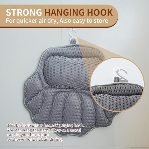 Luxury Bathtub Pillow, Mesh Bath Pillow with Suction Cups Bath Pillow for Women Relaxing, Bath Pillows for Tub Neck and Back Support,Fits All Bathtub (Gray)