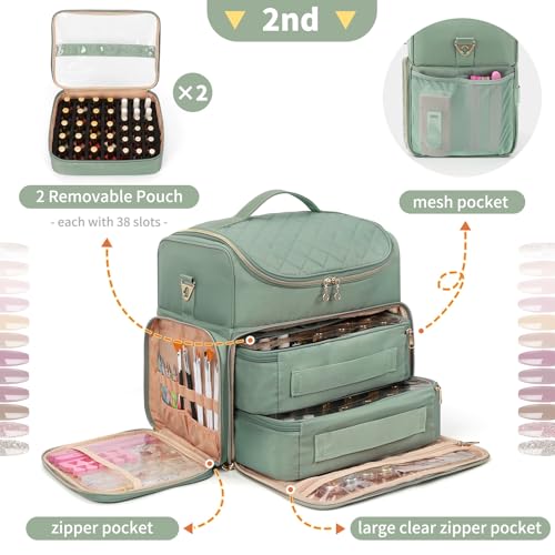 Extra Large Nail Polish Organizer Case Holds 86 to 100+ Bottles Nail Polish & Nail Lamp, Nail Supplies Storage Carrying Bag with 2 Removable Pouches, Portable Nail Tech Travel Box (Green, 86 Slots)